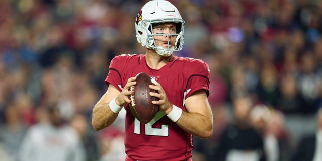 Colt McCoy #12 of the Arizona Cardinals drops back to pass against the New England Patriots during the first half at State Farm Stadium on December 12, 2022 in Glendale, Arizona.