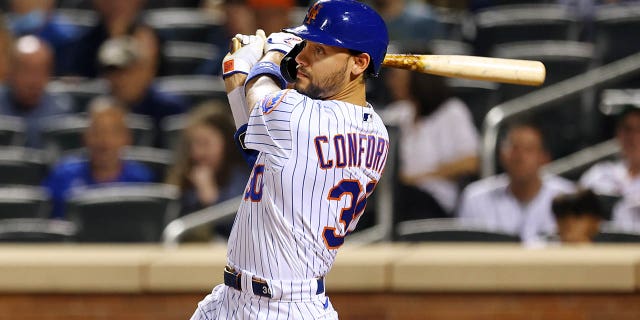 Michael Conforto of the New York Mets in action against the New York Yankees during a game at Citi Field on September 12, 2021 in New York City.