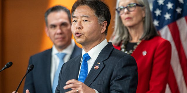Rep. Ted W. Lieu (D-CA) pictured with Rep. Pete Aguilar (D-CA) and Rep. Katherine Clark (D-MA) (R) during a press conference at the U.S. Capitol on Dec.13, 2022.