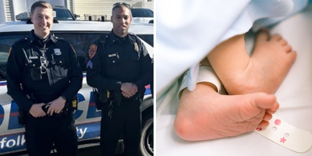 At the police academy, recruits had to watch a film about delivering a newborn as part of EMT training, said Sgt. Negron (above, second from left). At the time, "I was laughing at my friends like, ‘When are we going to deliver a baby?’" he said.