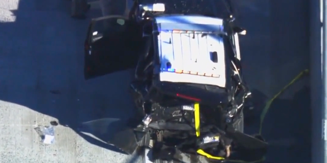 Aerial view of a car crash involving a California Highway Patrol officer unfolded in West Covina.