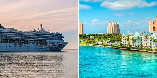 Cruise ship shown on left, and the Bahamas shoreline shown on right. The Bahamas is a popular cruise destination, according to travel experts.