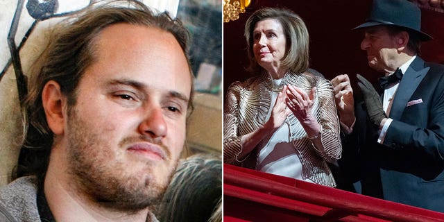David DePape, left, charged in the hammer attack that injured Paul Pelosi, seen on the far right with wife, Nancy Pelosi, in his first public appearance since the attack.