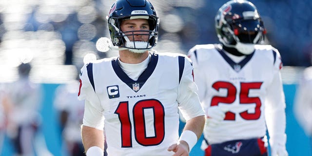 Davis Mills #10 of the Houston Texans warms up prior to the game against the Tennessee Titans at Nissan Stadium on December 24, 2022 in Nashville, Tennessee. 