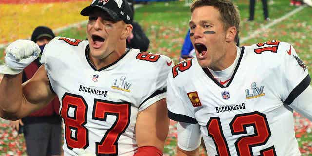 Tom Brady, right, and Rob Gronkowski played together for 11 seasons after Gronkowski was drafted by the New England Patriots in 2010.