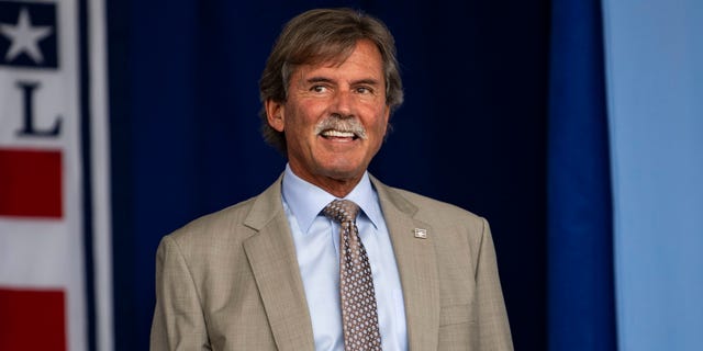 Hall of Famer Dennis Eckersley performs during the 2022 Hall of Fame weekend at the National Baseball Hall of Fame on July 24, 2022 in Cooperstown, New York.