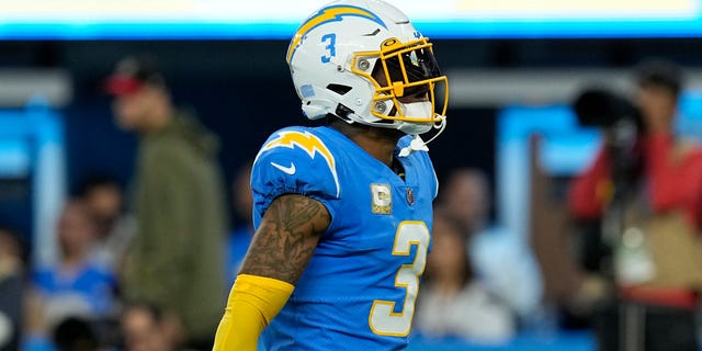 Derwin James Jr. #3 of the Los Angeles Chargers reacts after a play during the second quarter in the game against the Kansas City Chiefs at SoFi Stadium on November 20, 2022 in Inglewood, California.