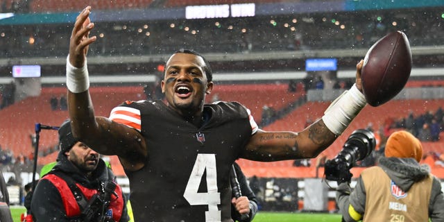 Deshaun Watson of the Cleveland Browns celebrates after his team's 13-3 victory over the Baltimore Ravens at FirstEnergy Stadium Dec. 17, 2022, in Cleveland.