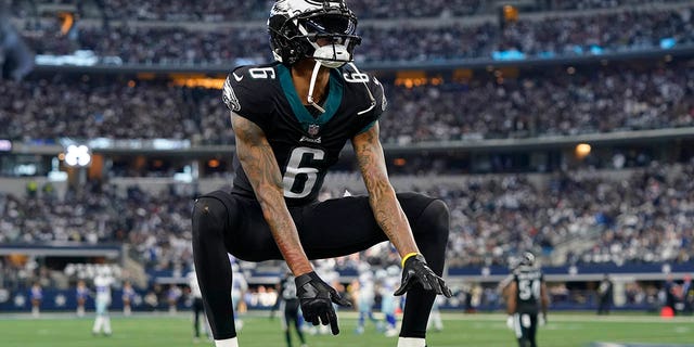 DeVonta Smith #6 of the Philadelphia Eagles reacts after a play during the first half in the game against the Dallas Cowboys at AT&T Stadium on December 24, 2022 in Arlington, Texas. 