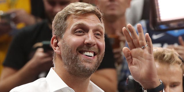 Dirk Nowitzki arrives for the FIBA Eurobasket quarterfinal match between Germany and Greece in Berlin on Sept. 13, 2022.