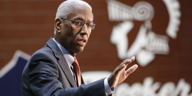 FILE - U.S. Rep. Don McEachin, D-Va., speaks during a rally for Democratic presidential candidate and former Vice President Joe Biden in Norfolk, Va., March 1, 2020.