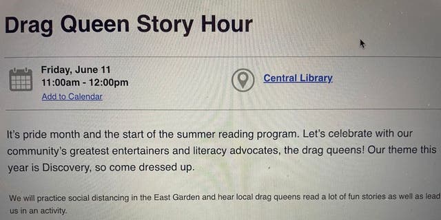 A "drag queen story hour" was held at the Indianapolis Public Library this past summer. A notice of the event still appears on the library's website.