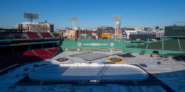 The 2023 Discover NHL Winter Classic build-out continues at Fenway Park Dec. 27, 2022 in Boston.