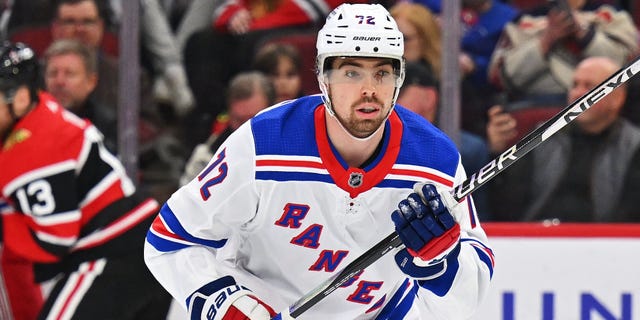 Filip Chytil #72 of the New York Rangers skates against the Chicago Blackhawks on December 18, 2022, at United Center in Chicago, Illinois. New York defeated Chicago 7-1.