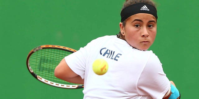 Barbara Gatica Avilés of Chile serves during her singles quarterfinal match at the I ODESUR South American Youth Games in Lima, Peru, on Sept. 22, 2013.