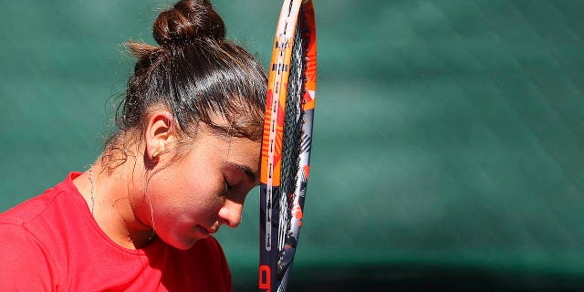 Barbara Gatica Avilés of Chile reacts during the fourth day of the Tennis Fed Cup American Zone Group 1 at Club Deportivo La Asuncion in Toluca, Mexico, on Feb. 9, 2017.