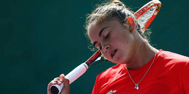 Barbara Gatica Avilés of Chile reacts during the third day of the Tennis Fed Cup, American Zone Group 1 at Club Deportivo La Asuncion in Toluca, Mexico, on Feb. 8, 2017.