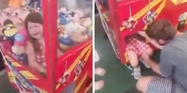 4-year-old Poppy gets stuck inside claw machine after her sisters convince her to climb inside.