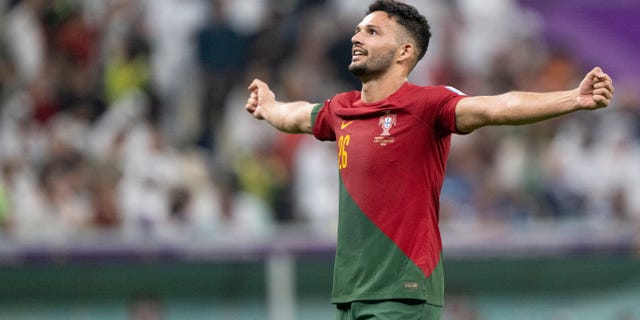 Gonçalo Ramos of Portugal celebrates after scoring his side's fifth goal and his third to make the score 5-0 during a FIFA World Cup Qatar 2022 round of 16 match against Switzerland at Lusail Stadium Dec. 6, 2022, in Lusail City, Qatar.