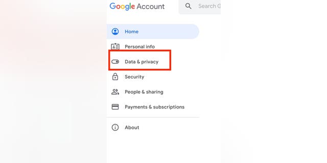 Instructional photo of selecting "Data &amp; privacy" on Google.