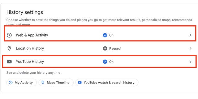 History settings page on Google with instructions on how to customize web and app activity and YouTube history.