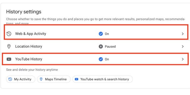 History settings page on Google with instructions on how to personalize web and app activity and YouTube history.