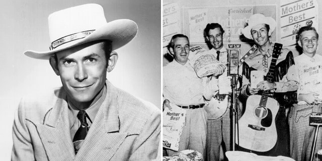 Hank Williams on the left, bandmates on the right. 