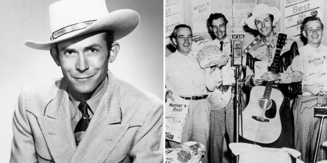 Hank Williams on the left, bandmates on the right. 