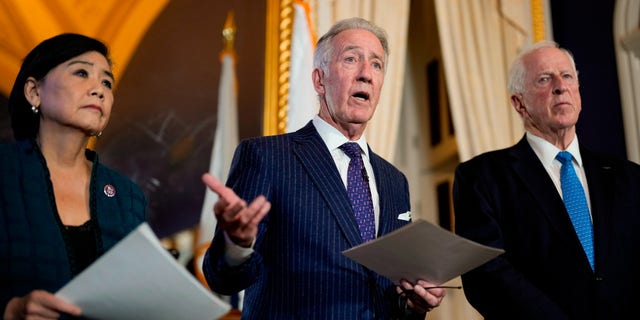 FILE - House Ways and Means Committee Chairman Richard Neal, D-Mass., talks to the media after the House Ways &  Means Committee voted on whether to publicly release years of former President Donald Trump's tax returns during a hearing on Capitol Hill in Washington, Dec. 20, 2022. Left is Rep. Judy Chu, D-Calif., and right is Rep. Mike Thompson , D-Calif.  (AP Photo/J. Scott Applewhite, File)