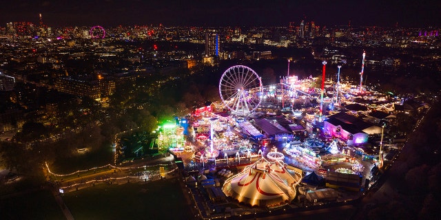 An aerial view of the Winter Wonderland in Hyde Park on Nov. 17, 2022 in London, England.