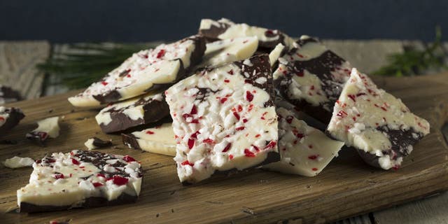 Peppermint bark is a seasonal confection generally made with pieces of chocolate and candy canes.