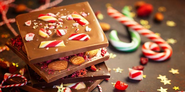 Christmas Chocolate Bark with Peppermint, Dried Berries and Nuts.