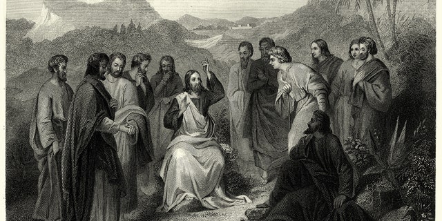 This verse from Matthew is the beginning of Jesus' Sermon on the Mount, illustrated here in a vintage engraving.