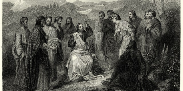 This verse from Matthew is the beginning of Jesus' Sermon on the Mount, illustrated here in a vintage engraving.