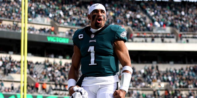 Jalen Hurts of the Philadelphia Eagles reacts before a game against the Tennessee Titans at Lincoln Financial Field Dec. 4, 2022, in Philadelphia.