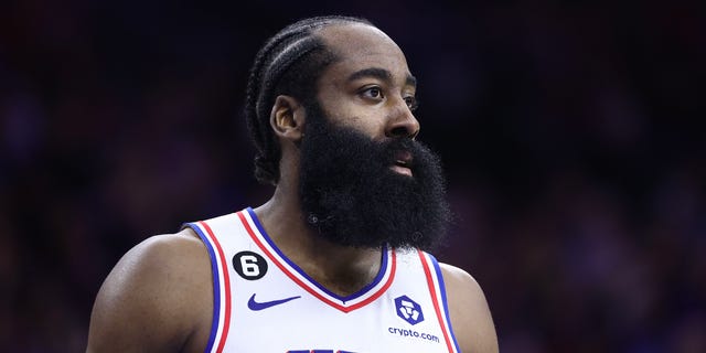 James Harden #1 of the Philadelphia 76ers looks on during the fourth quarter keynote at the Wells Fargo Center on December 19, 2022, in Philadelphia, Pennsylvania. 