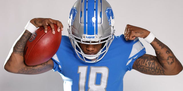 Jameson Williams of the Detroit Lions poses for a portrait during the NFLPA Rookie Premiere May 21, 2022, in Los Angeles. 
