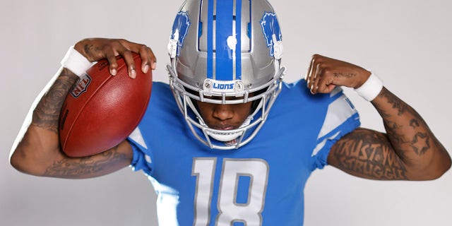 Jameson Williams of the Detroit Lions poses for a portrait during the NFLPA Rookie Premiere May 21, 2022, in Los Angeles.