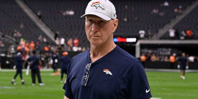 Denver Broncos Assistant coach Jerry Rosburg walks around Allegiant Stadium during warm-ups before the game on October 2, 2022 in Las Vegas, Nevada. Las Vegas Raiders will take on the Denver Broncos during week four of the NFL season.