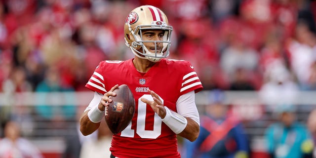 Jimmy Garoppolo, #10 of the San Francisco 49ers, attempts a pass during the first quarter against the Miami Dolphins at Levi's Stadium on Dec. 4, 2022 in Santa Clara, California.