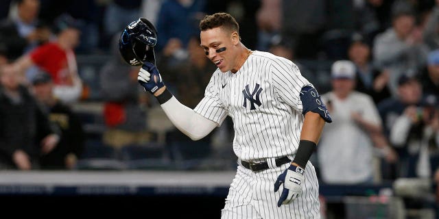 Aaron Judge celebrates his game-winning three-run home run against the Toronto Blue Jays at Yankee Stadium on May 10, 2022 in New York City.