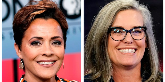 In this combination of photos Arizona gubernatorial candidates, Republican Kari Lake, left, appears before a PBS televised debate on June 29, 2022, in Phoenix and Democrat Katie Hobbs smiles prior to a televised interview in Phoenix, Oct. 18, 2022. 