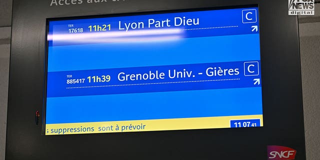 General view of the arrivals and departures screen of Grenoble train station in Grenoble, France on Dec. 13, 2022. 