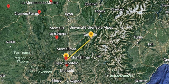 This map shows the last known journeys of Ken DeLand since he left the University of Grenoble Alpes.  He is believed to have taken a train to Valence, France, where his phone last rang on November 30.  He was last seen in a sporting goods store on December 3 in Montelimar, France, but his whereabouts are subsequently unknown. 