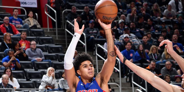 Killian Hayes, #7 of the Detroit Pistons, shoots a three-point basket during the game against the Orlando Magic on December 28, 2022 at Little Caesars Arena in Detroit.