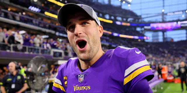 Kirk Cousins of the Minnesota Vikings celebrates after defeating the Indianapolis Colts at U.S. Bank Stadium Dec. 17, 2022, in Minneapolis.