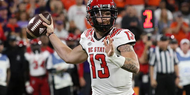 N.C. State quarterback Devin Leary (13) during a game against the Clemson Tigers Oct. 1, 2022, at Clemson Memorial Stadium in Clemson, S.C. 