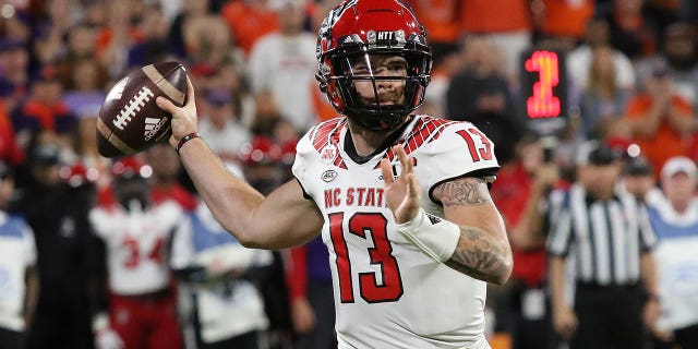 N.C. State quarterback Devin Leary (13) during a game against the Clemson Tigers Oct. 1, 2022, at Clemson Memorial Stadium in Clemson, S.C. 