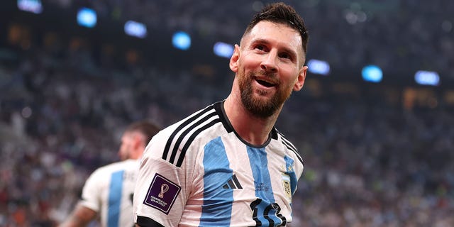 Lionel Messi celebrates after Argentina's third goal against Croatia on Dec. 13, 2022, in Lusail City, Qatar.