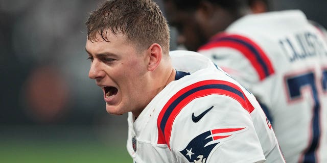 Mack Jones of the New England Patriots reacts during the fourth quarter against the Las Vegas Raiders at Allegiant Stadium on December 18, 2022 in Las Vegas. 